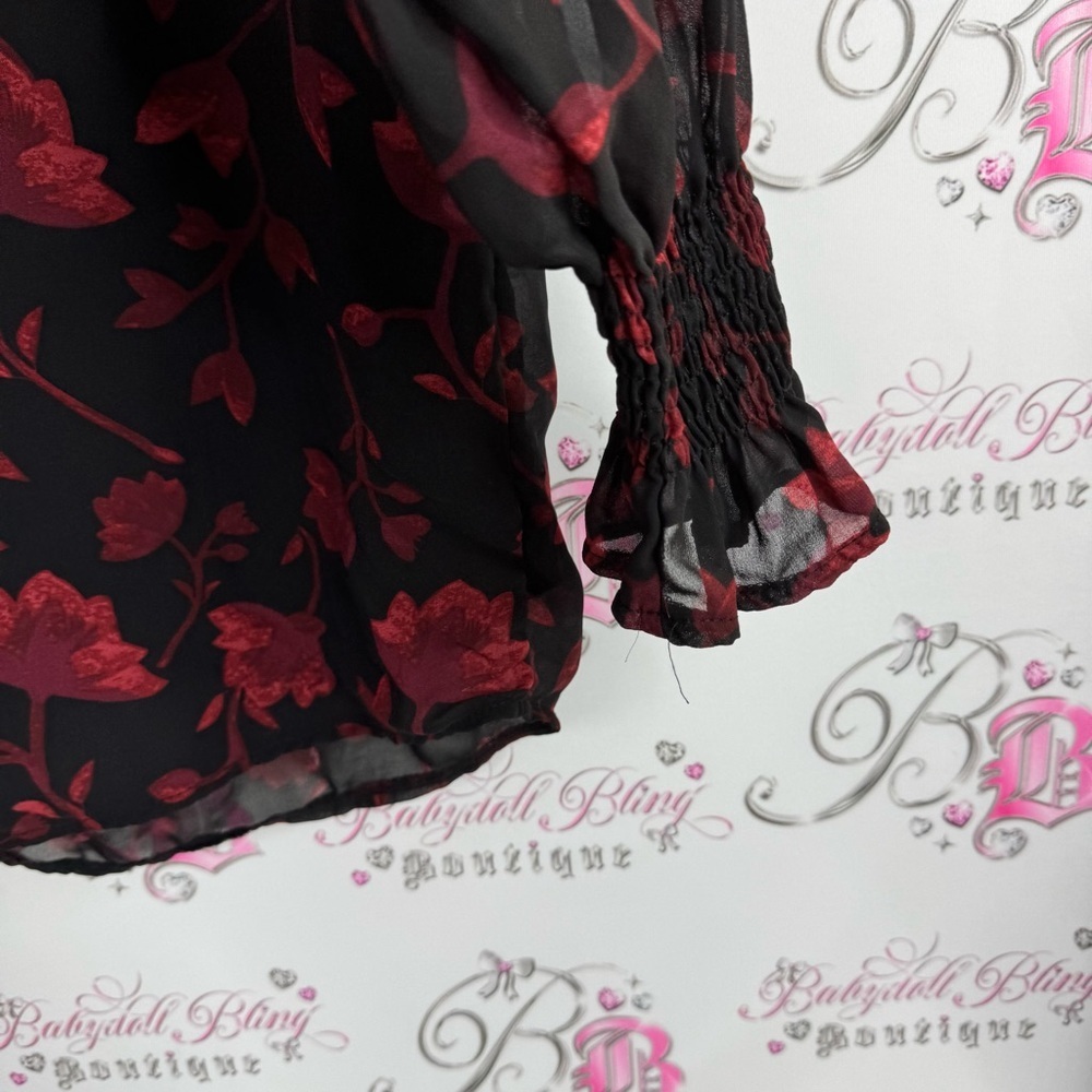 APRICOT blouse long sleeve flare detail smocked Black and Red Floral Blouse - Picture 4 of 7